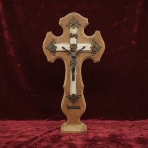 Vintage 1927 French Wooden Crucifix with Metal Corpus, Antique Catholic Cross
